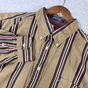 Tommy Hilfiger Button Down Shirt Men XL Tan Striped Excellent Long Sleeve Cotton